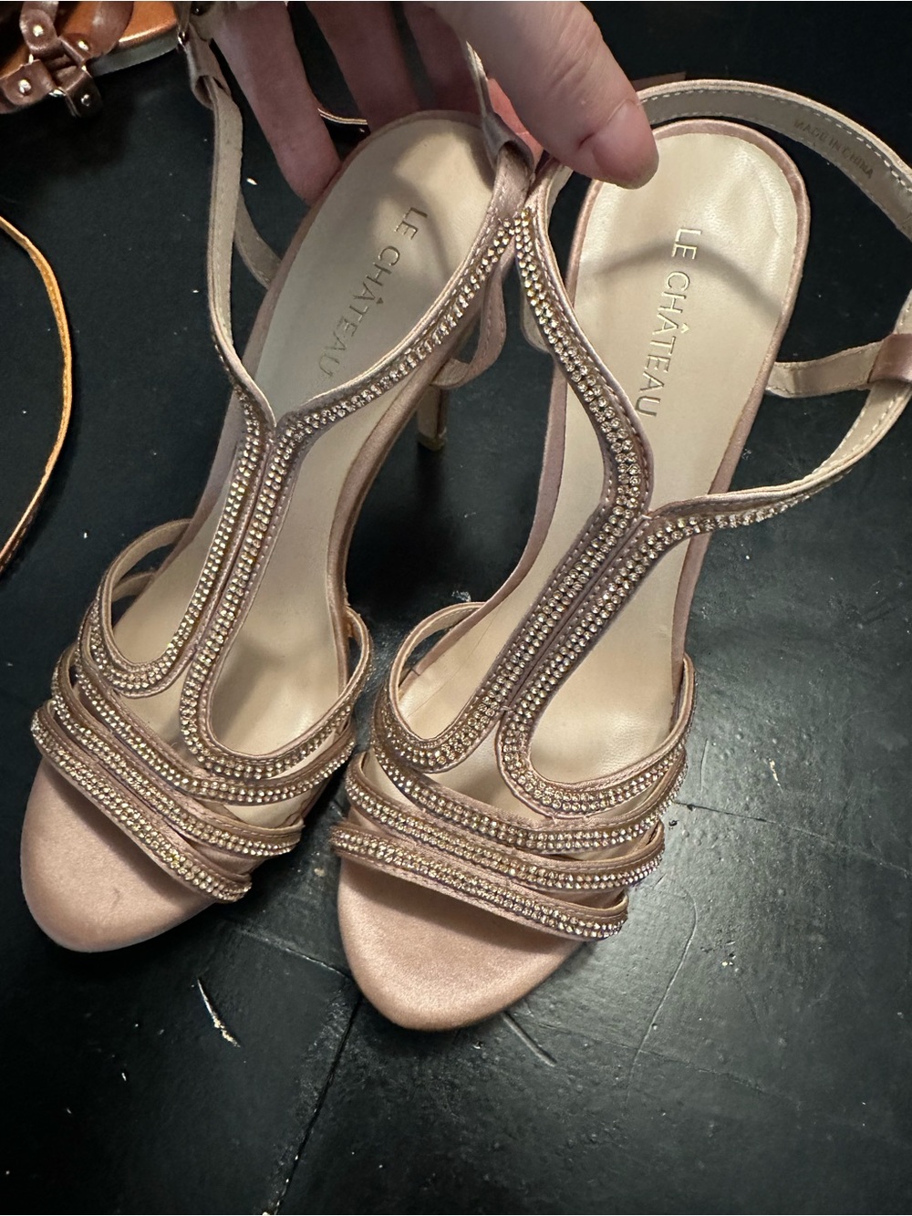 le chateau rose gold rhinestone T-strap evening heels